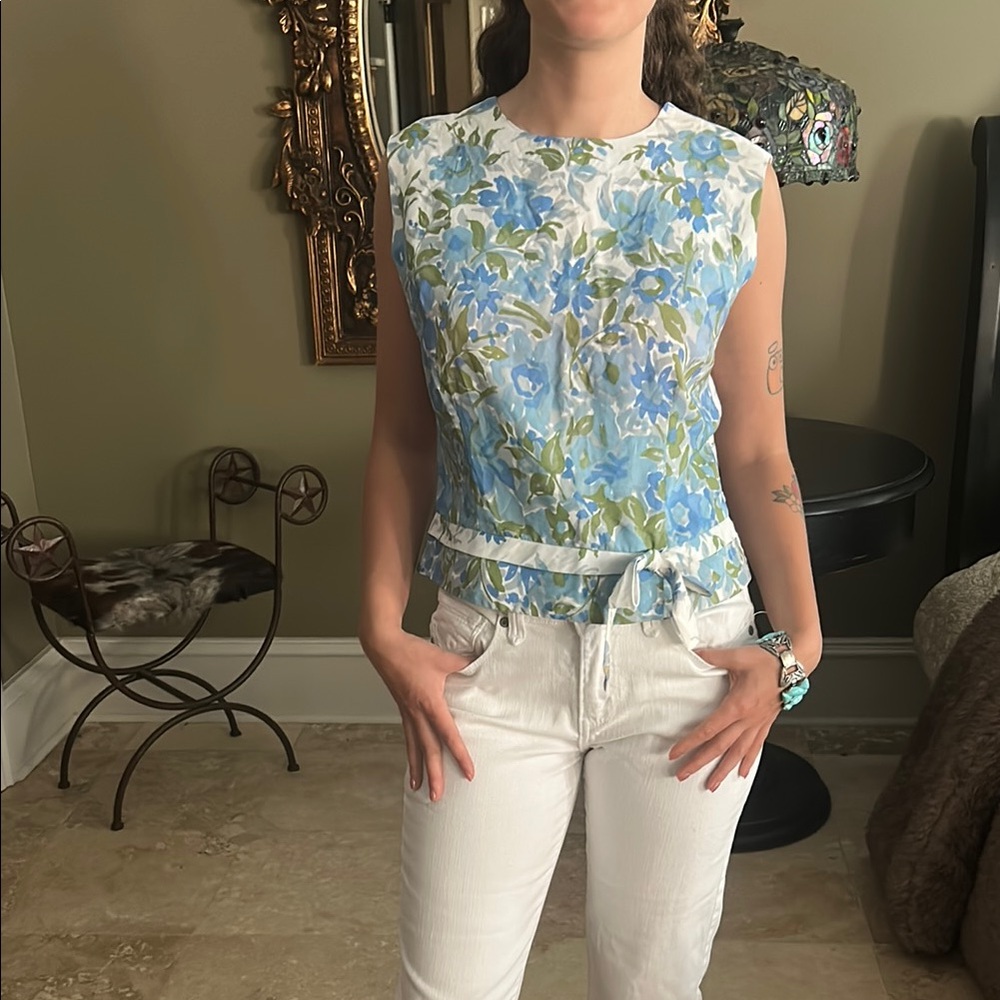 Vintage Alice Stuart Sz 6/8 Floral Back Button Blue Sleeveless Top EVC